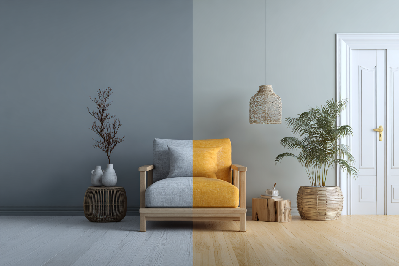 2 cloverdalepaint_A_split-screen_comparison_of_two_interior_wal_3ee43834-a4ff-4b36-8a90-53086e281198_2 A split-screen comparison of two interior walls; the left side is a cold, flat clinical blue-grey, the right side is a warm, inviting greige with subtle yellow undertones.