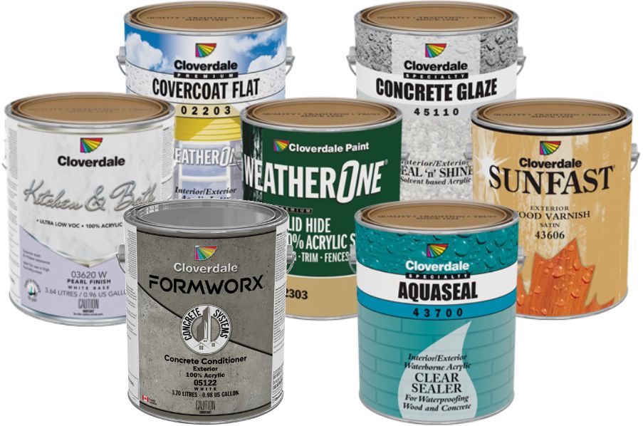 Cloverdale Paint professional products including interior and exterior paints, specialty coatings, wood stains, and industrial commercial coatings
